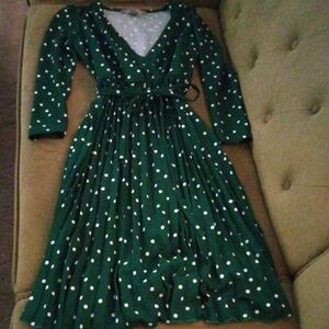 Green Polka Dot Long Sleeve Wrap Dress with Tie Waist
